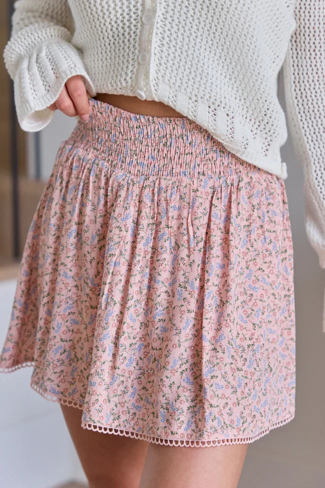 Through The Garden Pink Multi Floral Eyelet Trim Mini Skort