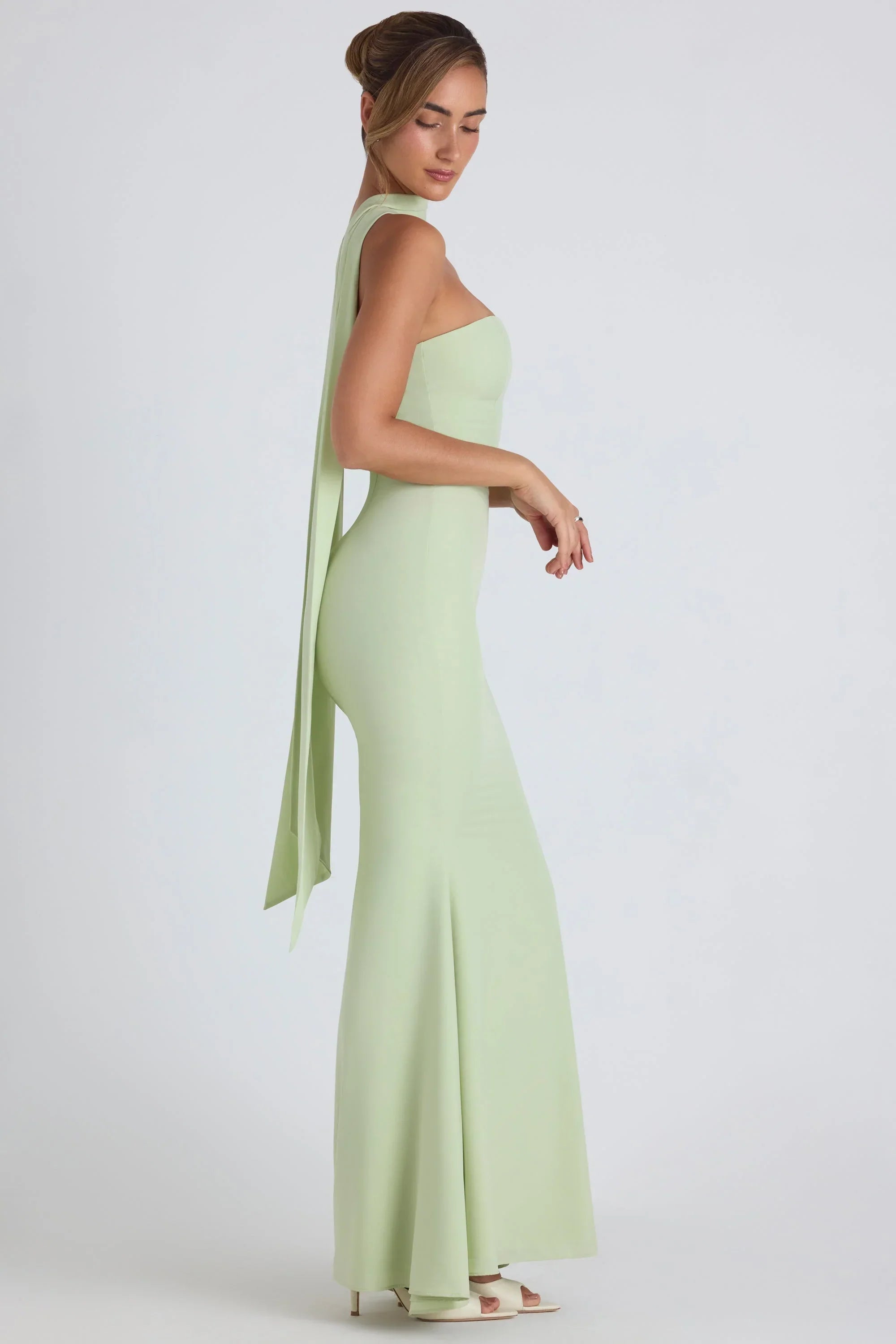 Scarf Detail Strapless Gown in Spring Green