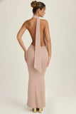 Scarf Detail Cut Out Halterneck Maxi Dress in Warm Peach