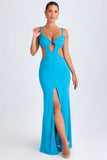 Ruffle Appliqué Cut Out Maxi Dress in Aqua Blue