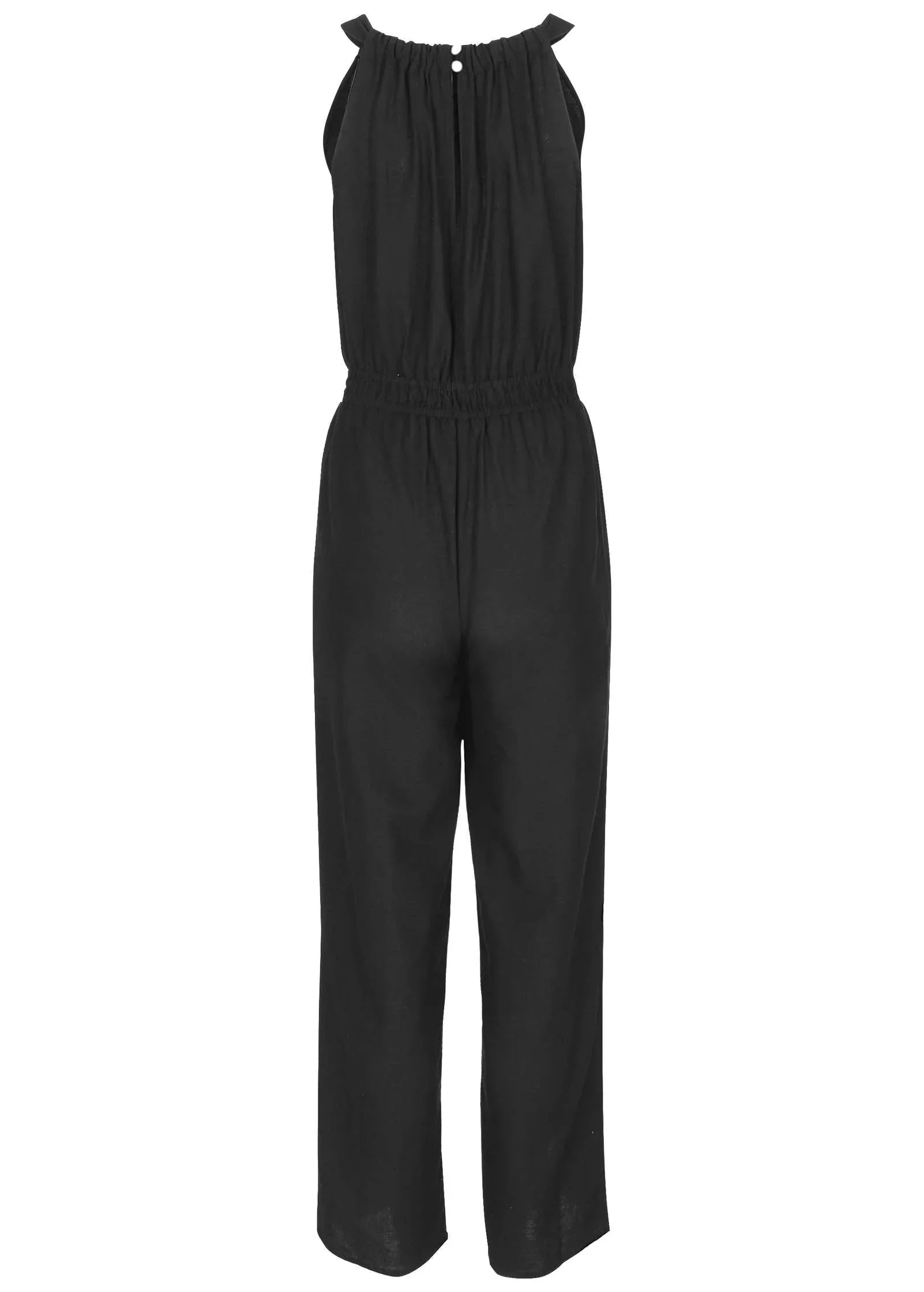 Linen Front Slit Jumpsuit Jet Black
