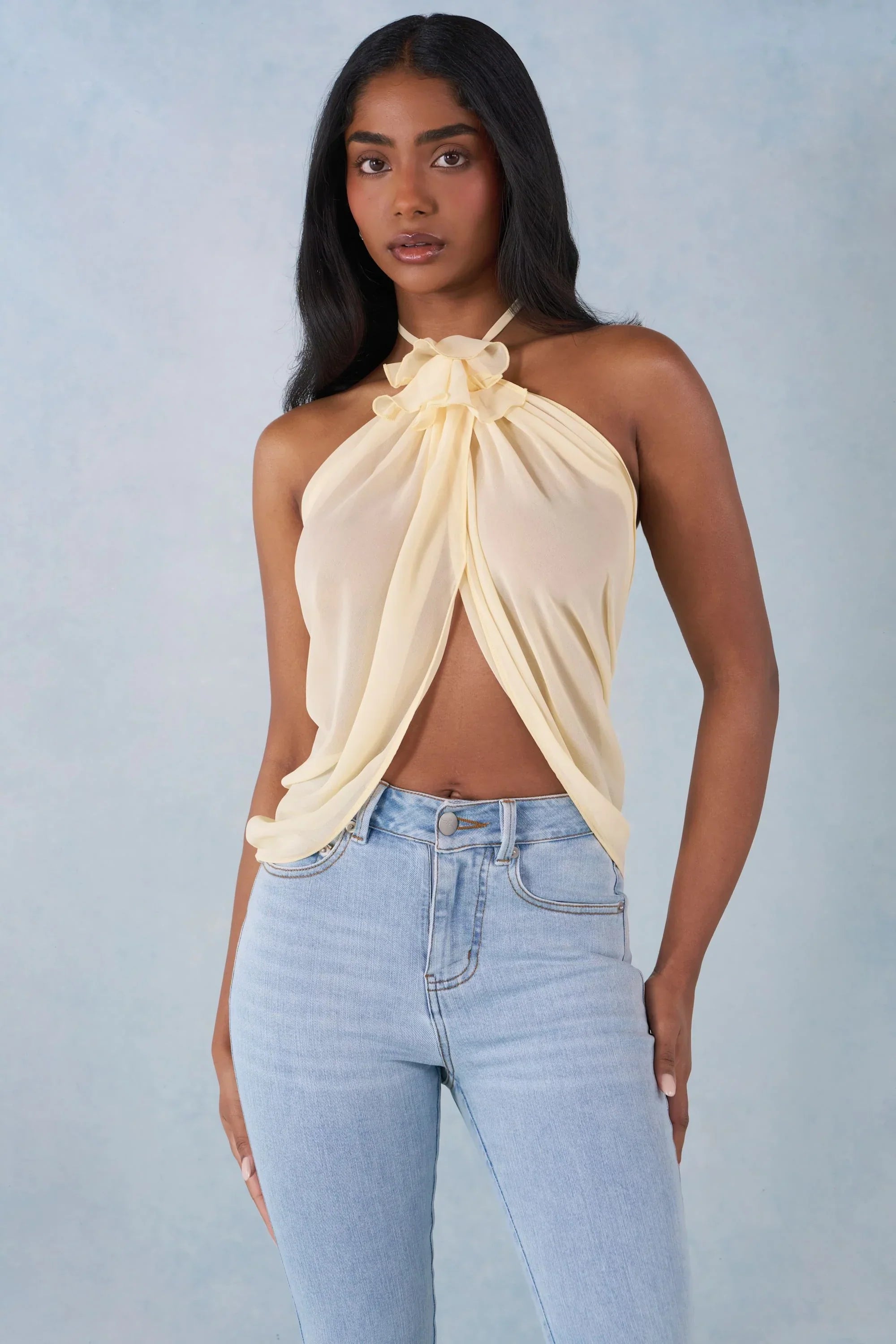 Halterneck Open Front Top in Butter Yellow