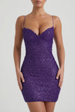 Embellished Sweetheart Neck Mini Dress in Purple