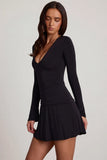 Soft Jersey Scoop Neck Flared Mini Dress in Black