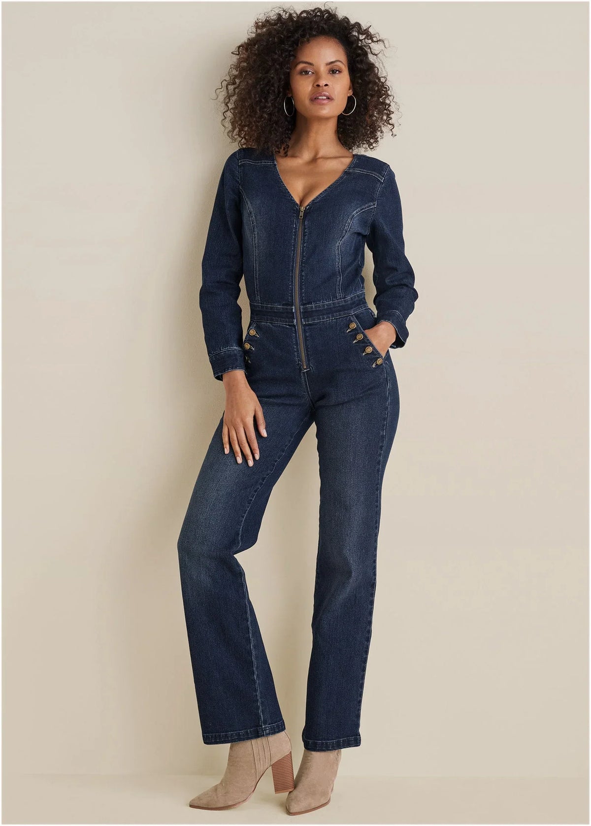 Zip Front Denim Jumpsuit Dark Wash