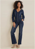 Zip Front Denim Jumpsuit Dark Wash