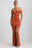 Slinky Jersey Cut Out Halterneck Gown in Burnt Orange