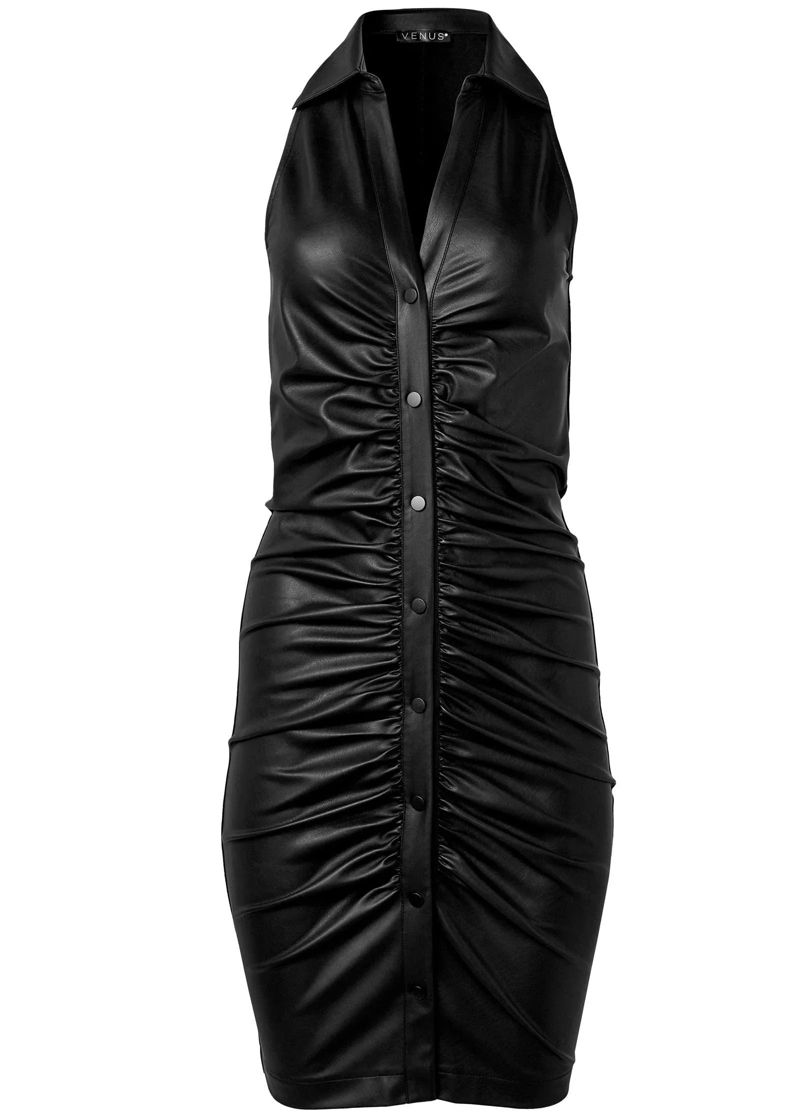 Collared Faux Leather Bodycon Dress Black