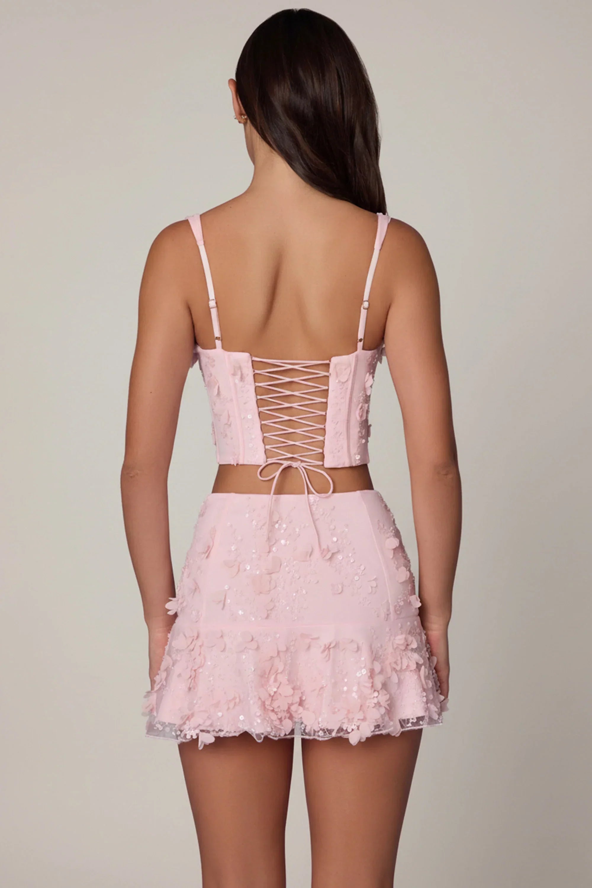 Embellished Mid Rise A Line Mini Skirt in Soft Pink