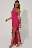 Cross Strap Ruffle Floor Length Dress in Fuchsia