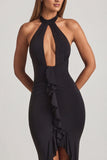 Ruffle Trim Halterneck Gown in Black