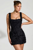 Floral Appliqué Square Neck Corset Mini Dress in Black