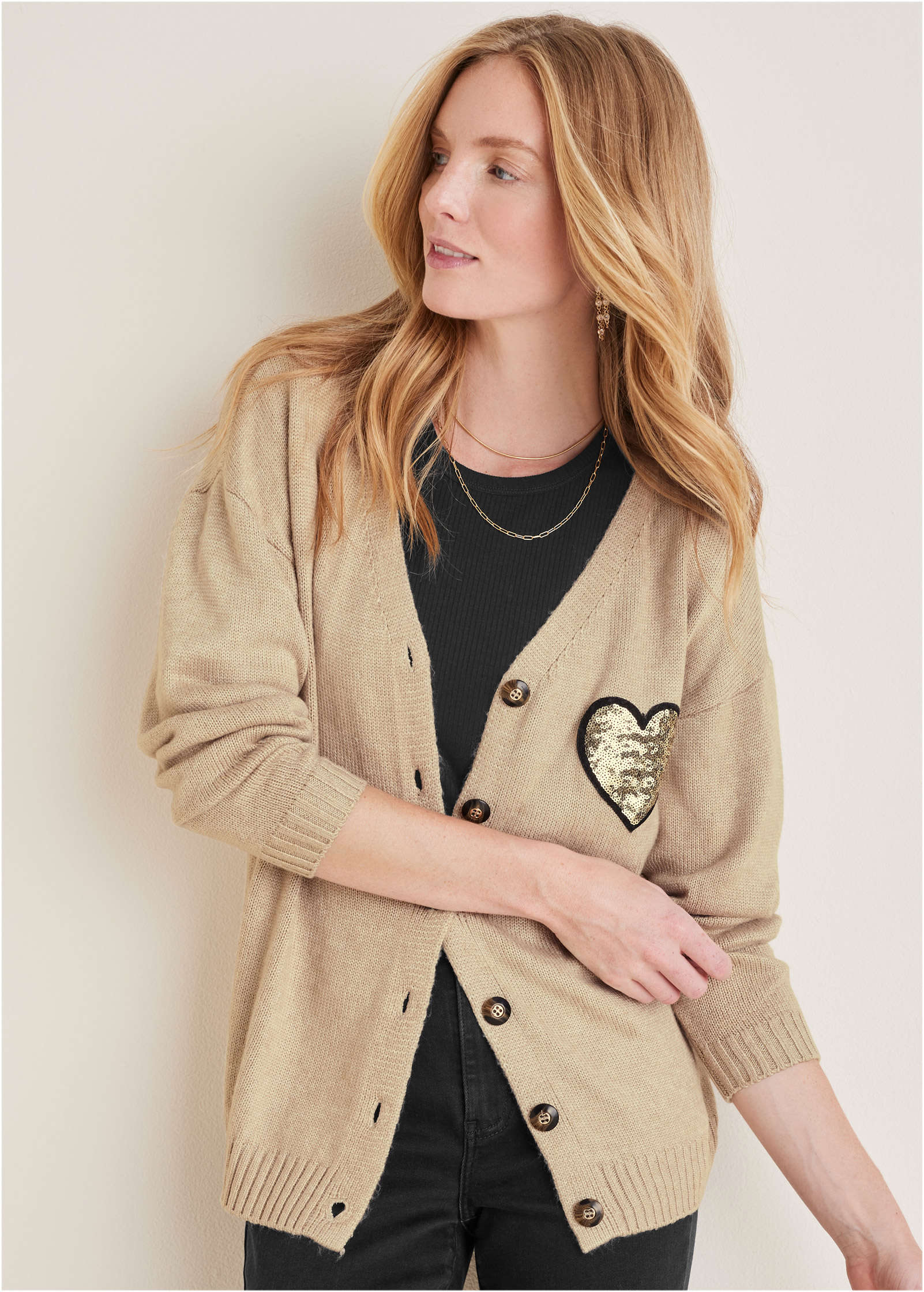 Sequin Heart Cardigan Oatmeal Multi