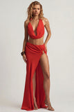 Mid Rise Split Maxi Skirt in Chilli Red