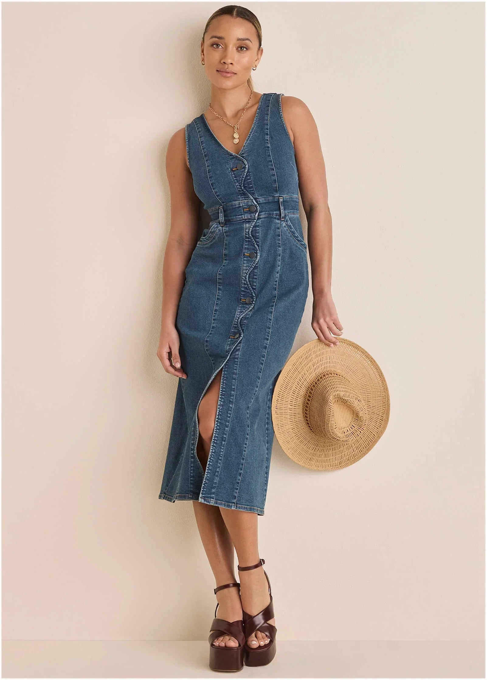 Denim Wave Maxi Dress Medium Wash
