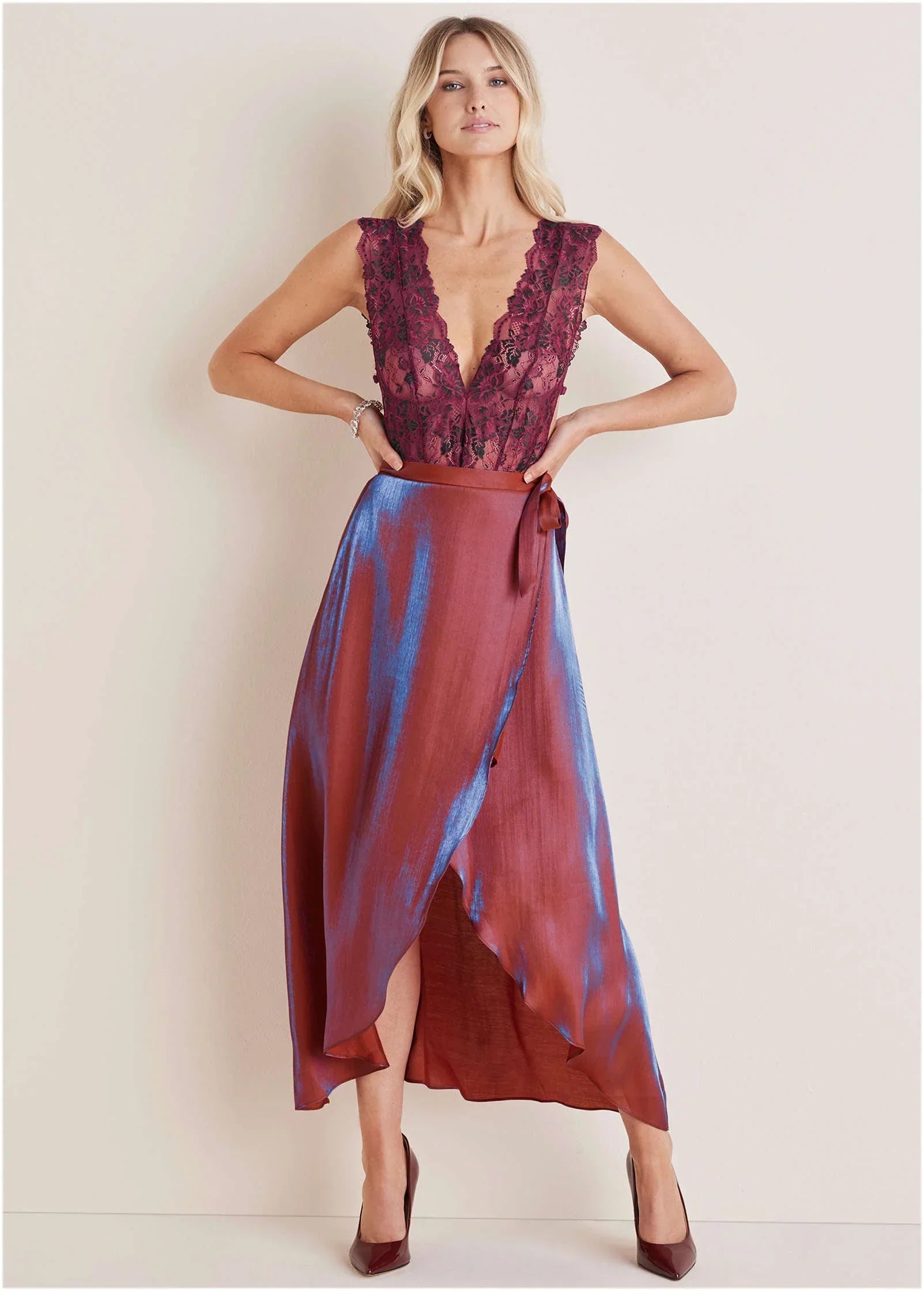 LamÃ Wrap Maxi Skirt Burgundy Lame