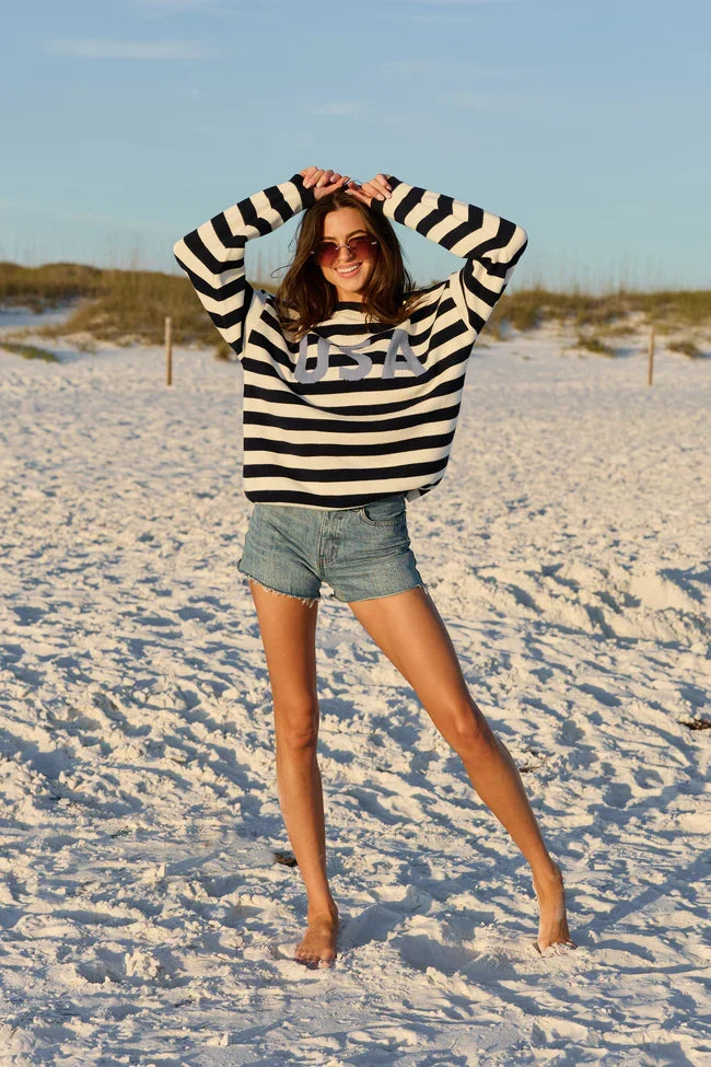 USA Navy And Ivory Striped Sweater