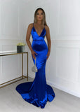 Love Affair Satin Gown with Ruched Back Electric Blue