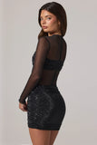 Sheer Embellished High Neck Long Sleeve Mini Dress in Black