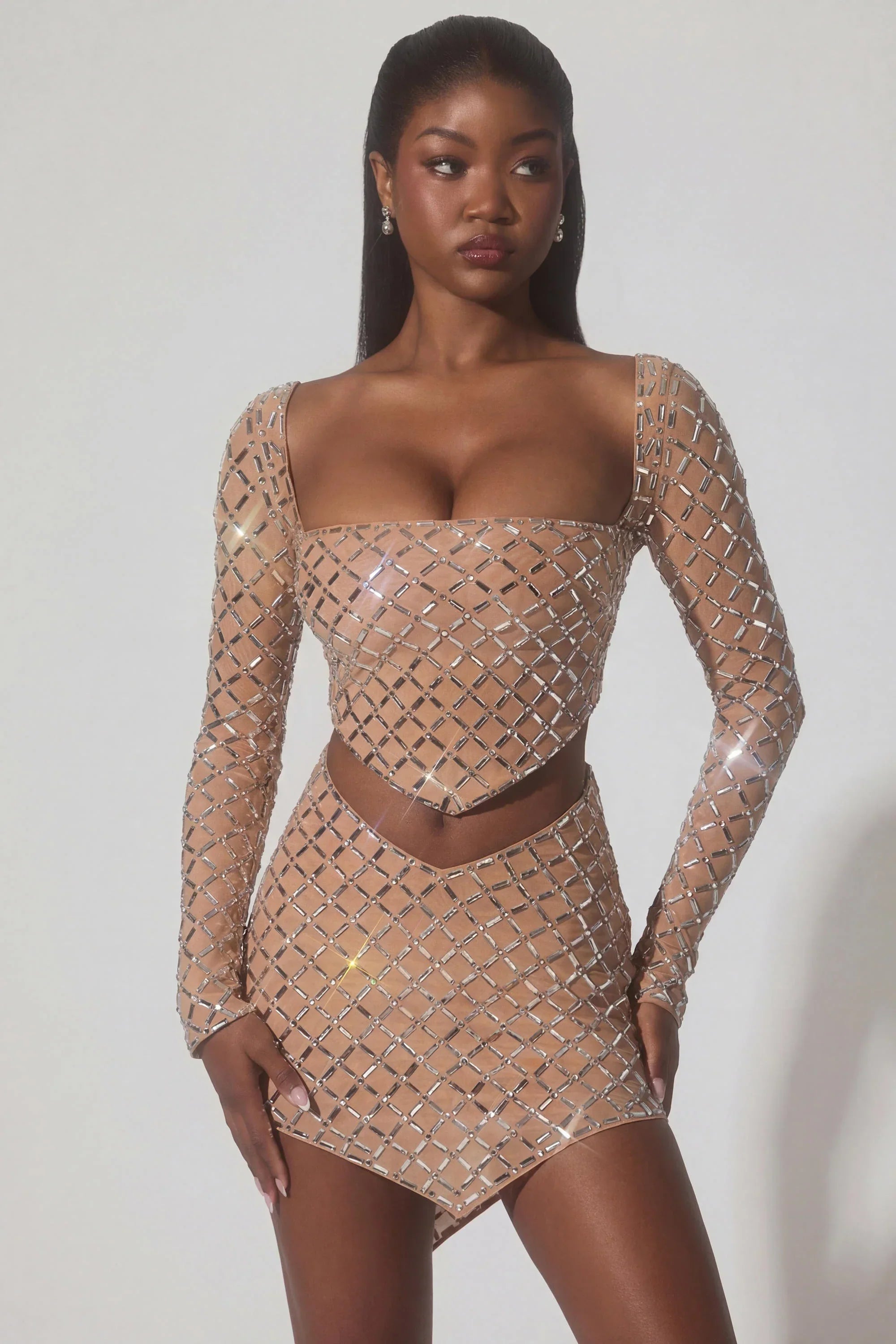 Embellished Asymmetric Mid Rise Mini Skirt in Almond
