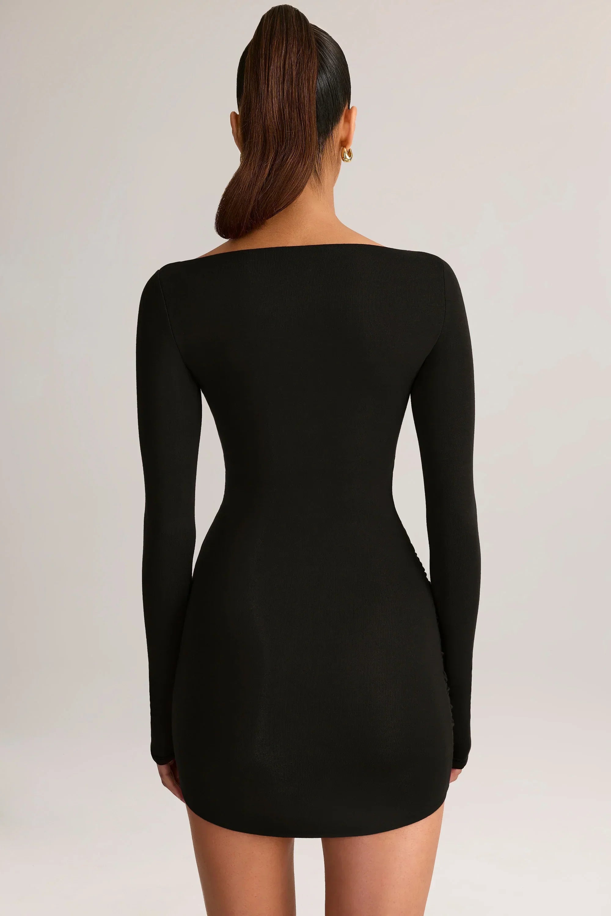 Modal Boat Neck Draped Long Sleeve Mini Dress in Black