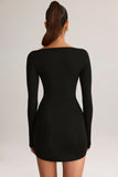 Modal Boat Neck Draped Long Sleeve Mini Dress in Black