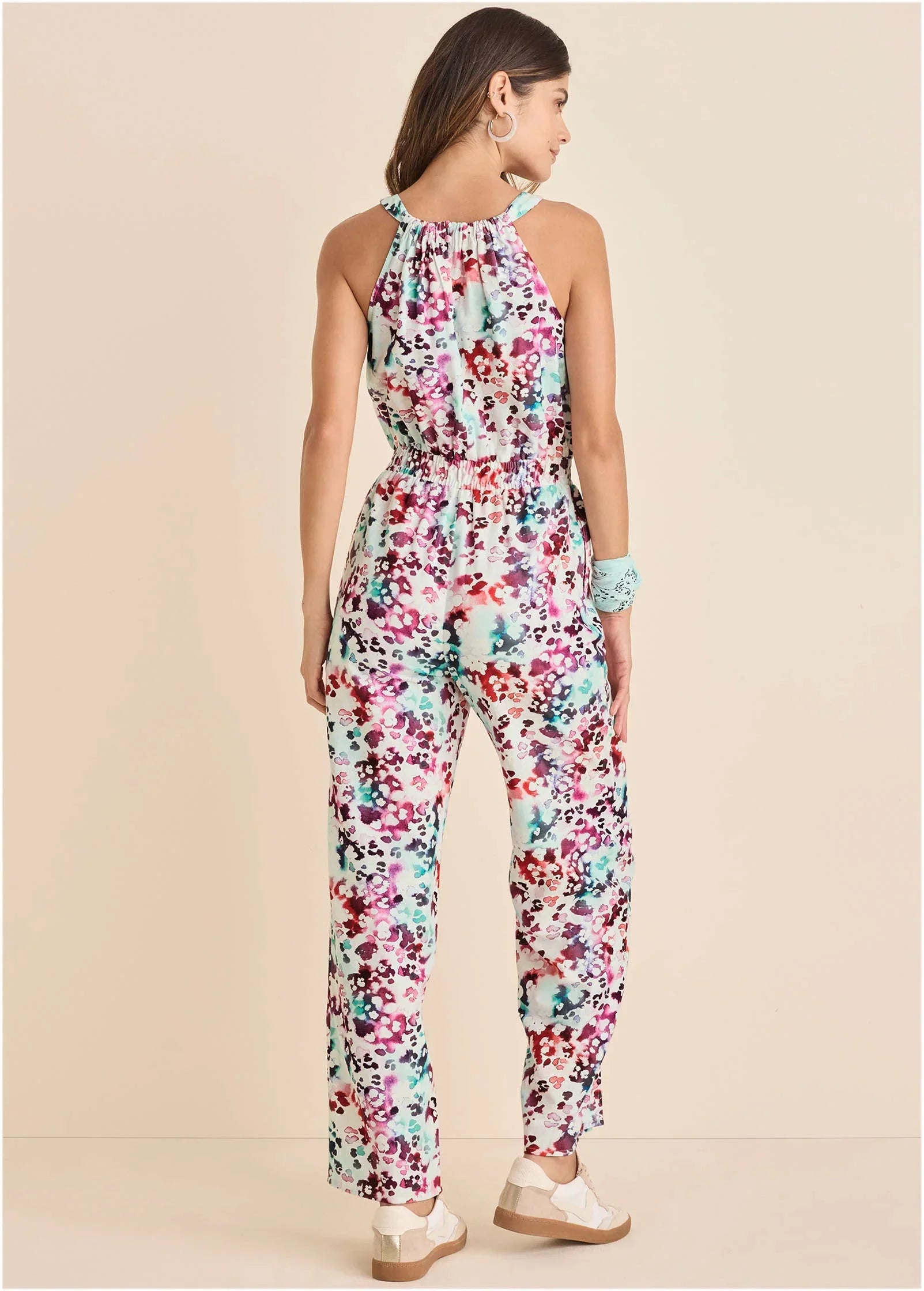 Linen Front Slit Jumpsuit Gouache Leopard Multi