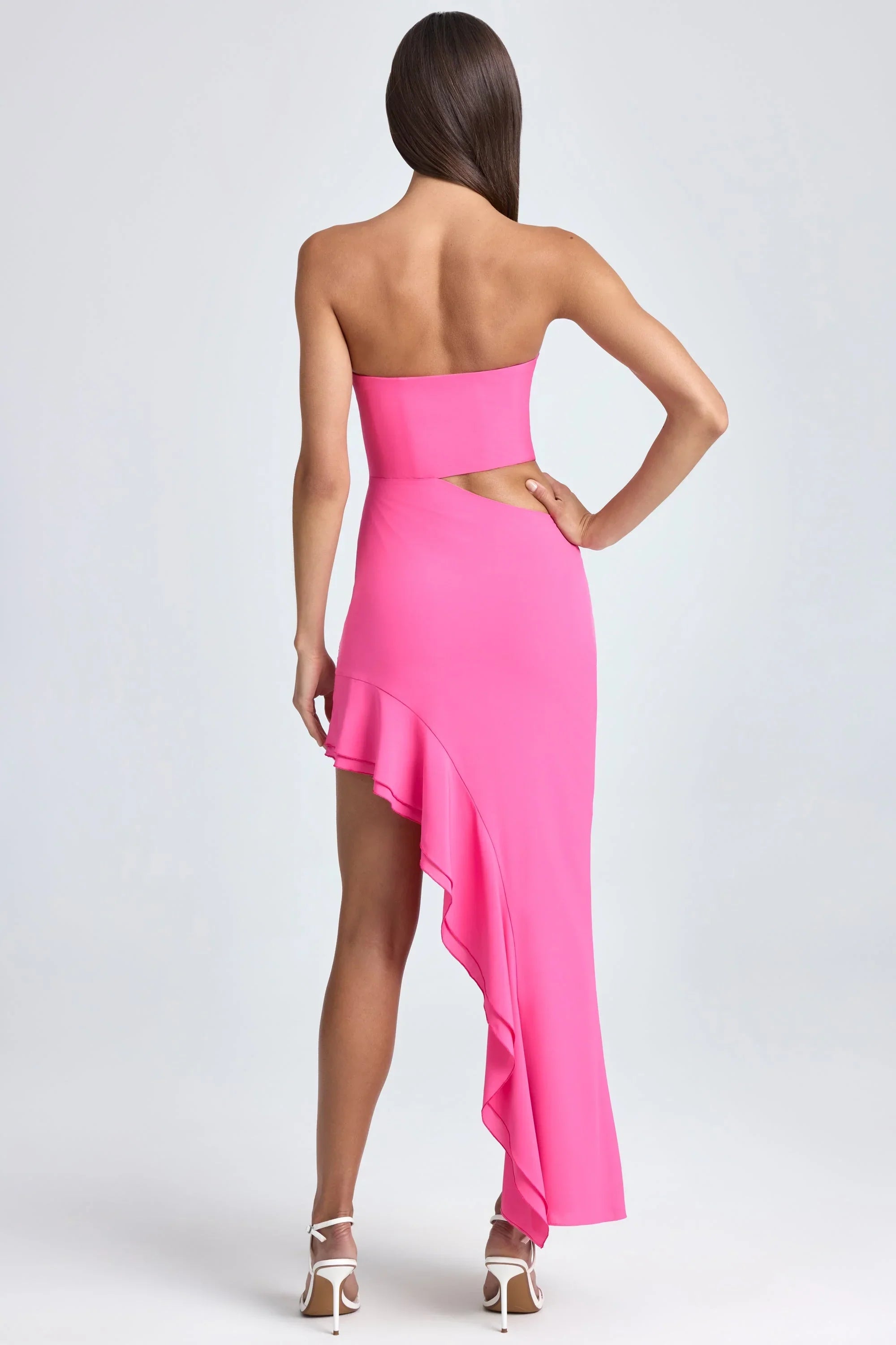 Bandeau Cut Out Ruffle Trim Maxi Dress in Lollipop Pink