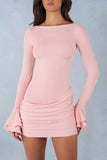 Ribbed Modal Long Sleeve Draped Mini Dress in Blush Pink