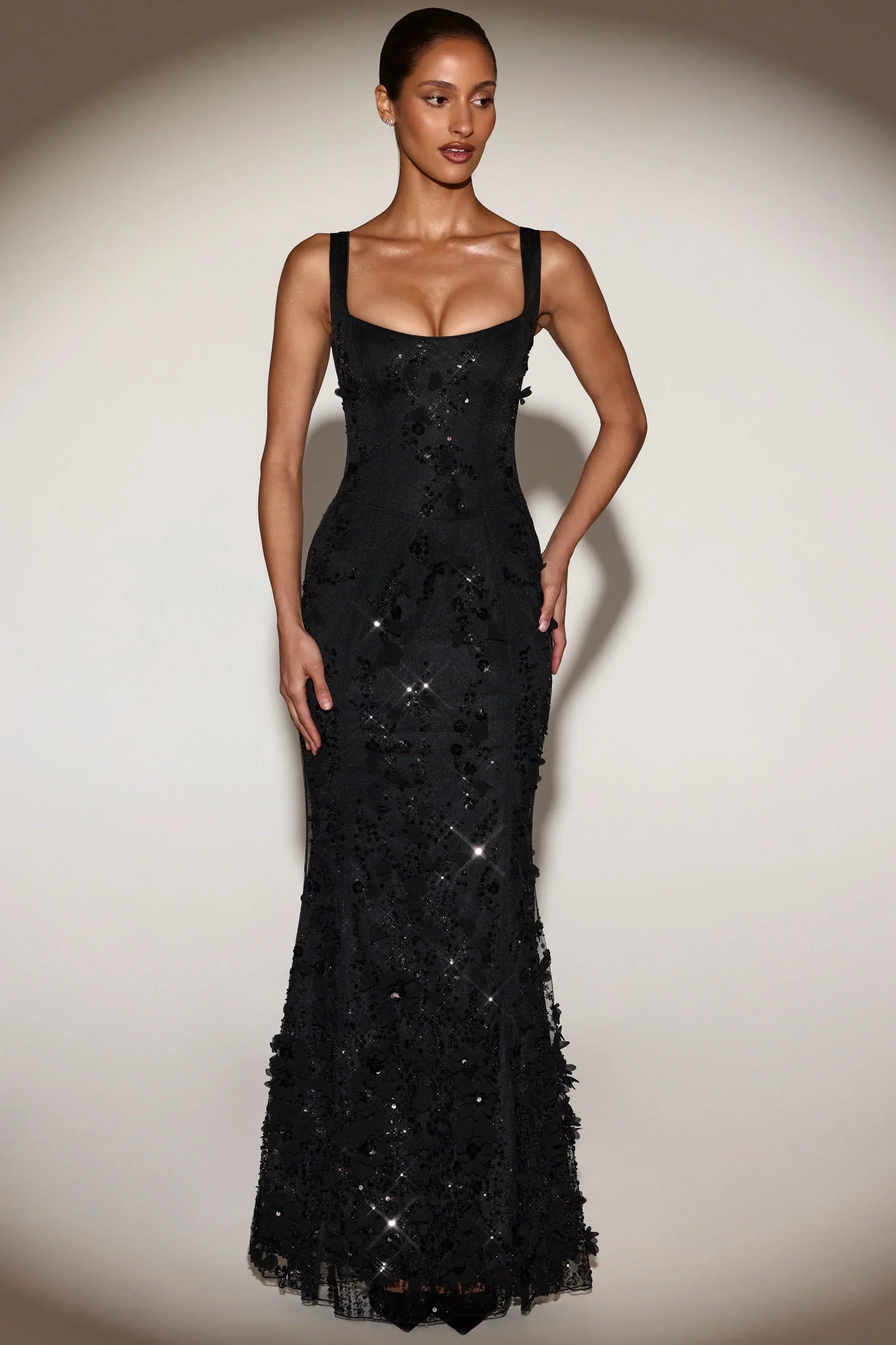 Embellished Appliqué Soft Scoop Corset Gown in Black