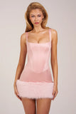 Satin Square Neck Corset Faux Fur Mini Dress in Blush Pink