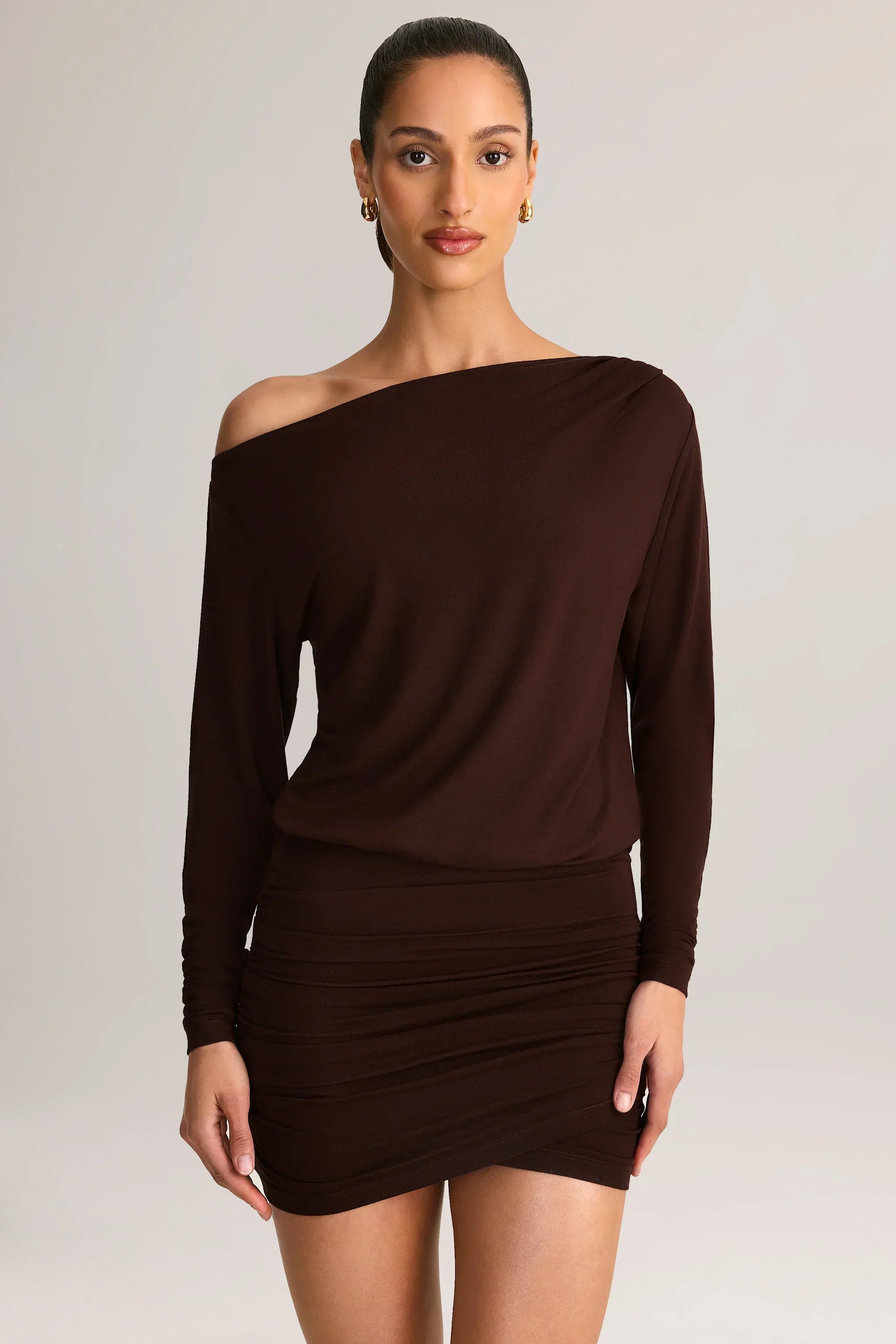 Modal Off Shoulder Wrap Mini Dress in Chocolate Brown