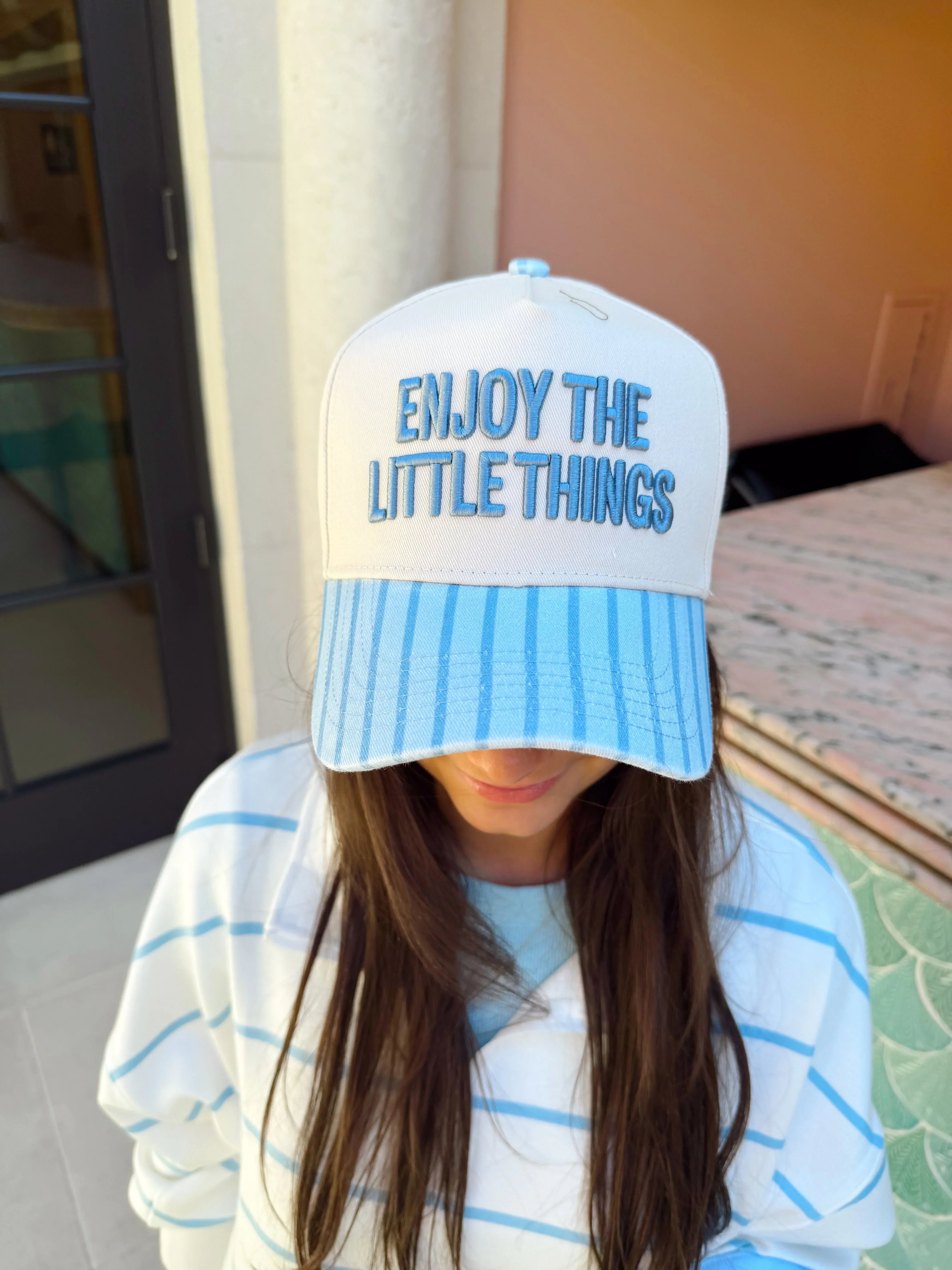 KenzKustomz Blue Stripe Vintage Trucker Hat Enjoy the Little Things