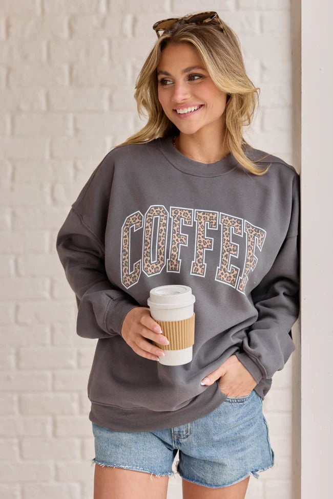 Coffee Leopard Print Dark Grey Graphic Sweatshirt