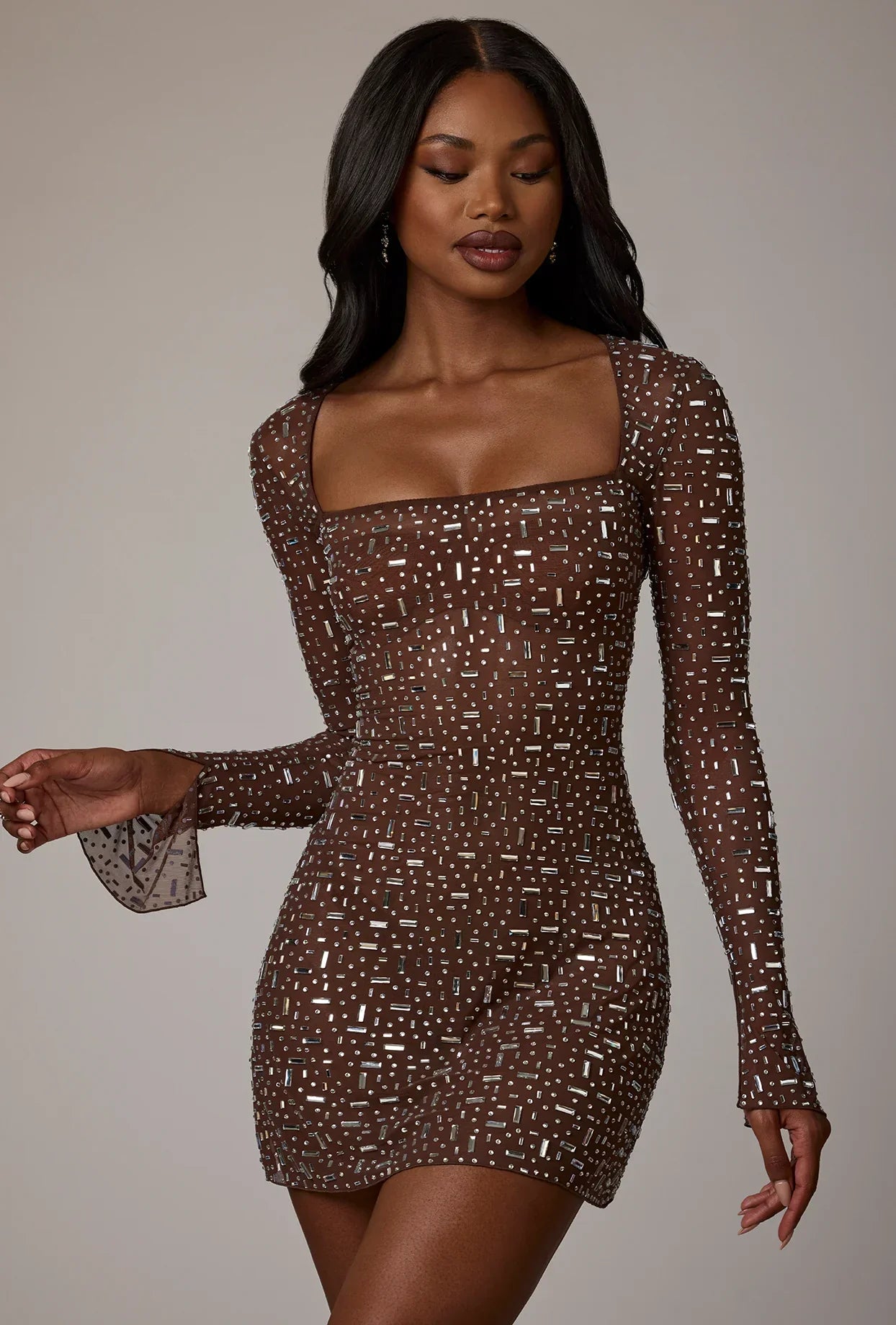 Sheer Embellished Long Sleeve A Line Mini Dress in Deep Cocoa
