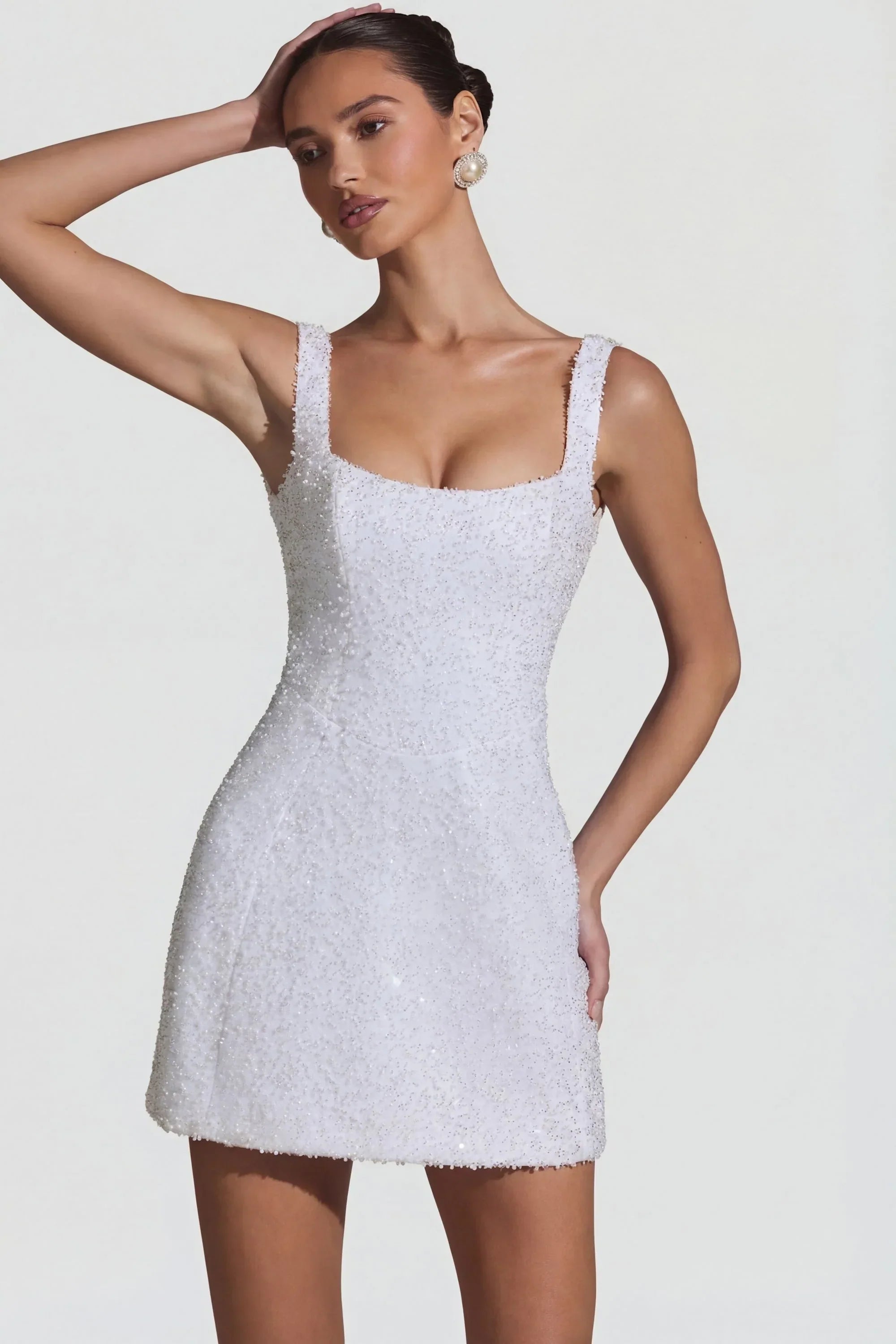Embellished Structured A Line Mini Dress in White