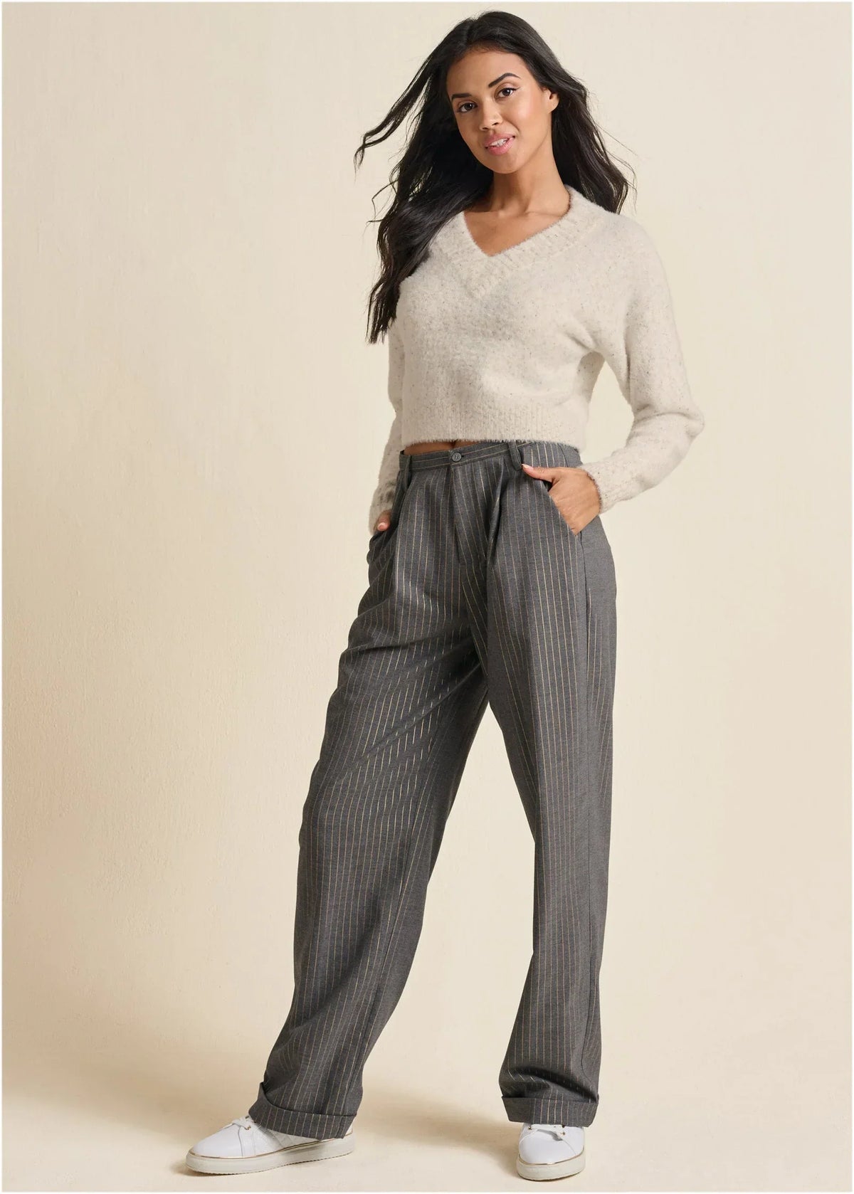 Stripe Wide Leg Trousers Grey Gold