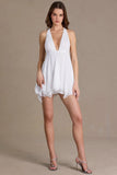 Chiffon Plunge Neck Open Back Mini Dress in Snow