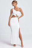 Hardware Detail One Shoulder Maxi Dress in White