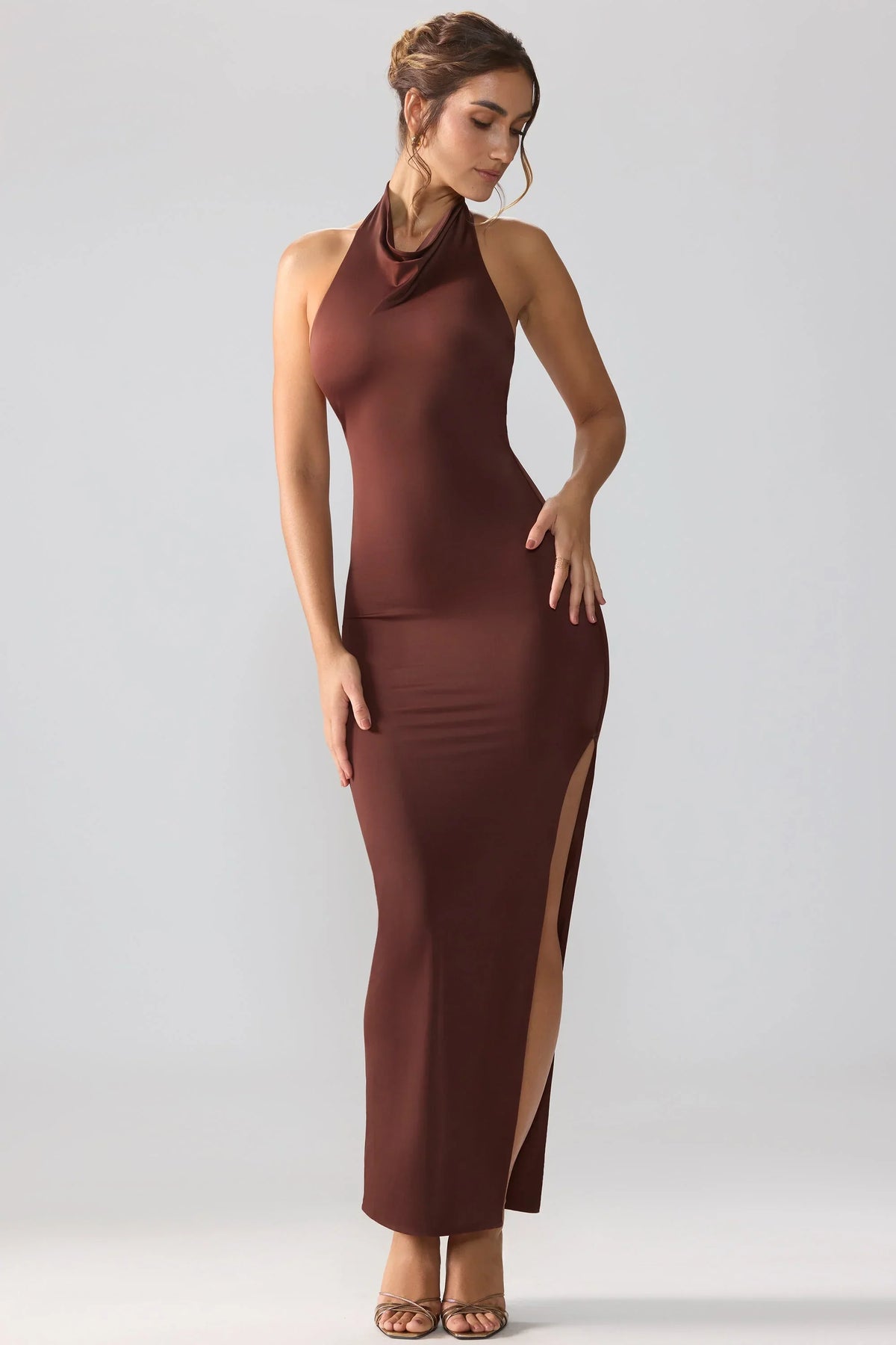 Jersey Cowl Neck Backless Maxi Dress in Espresso