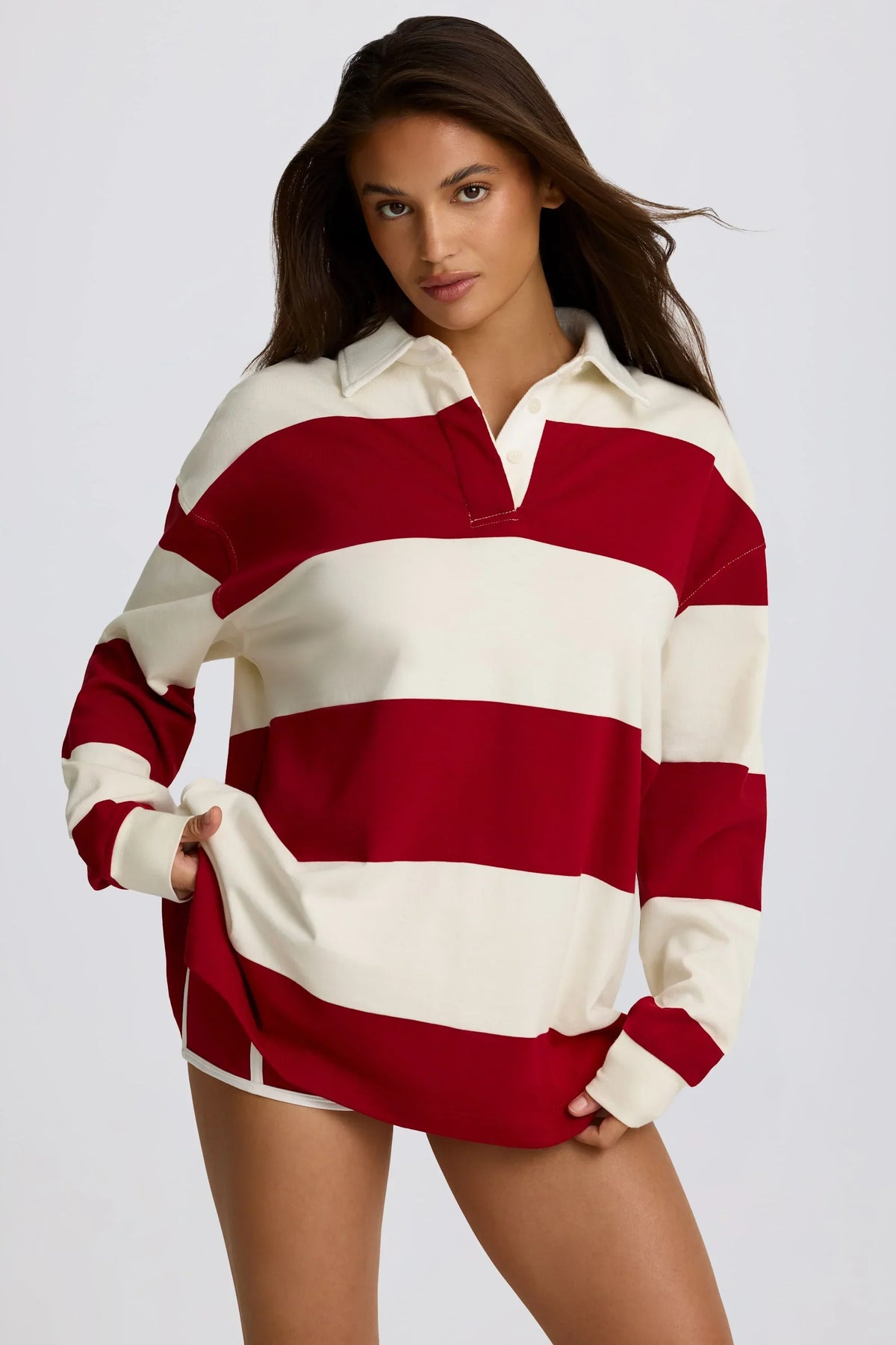 Striped Oversized Long Sleeve T Shirt in Dark Red