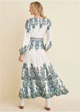 Tie Waist Linen Maxi Dress White Multi