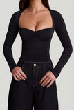 Soft Jersey Sweetheart Ruched Long Sleeve Top in Black