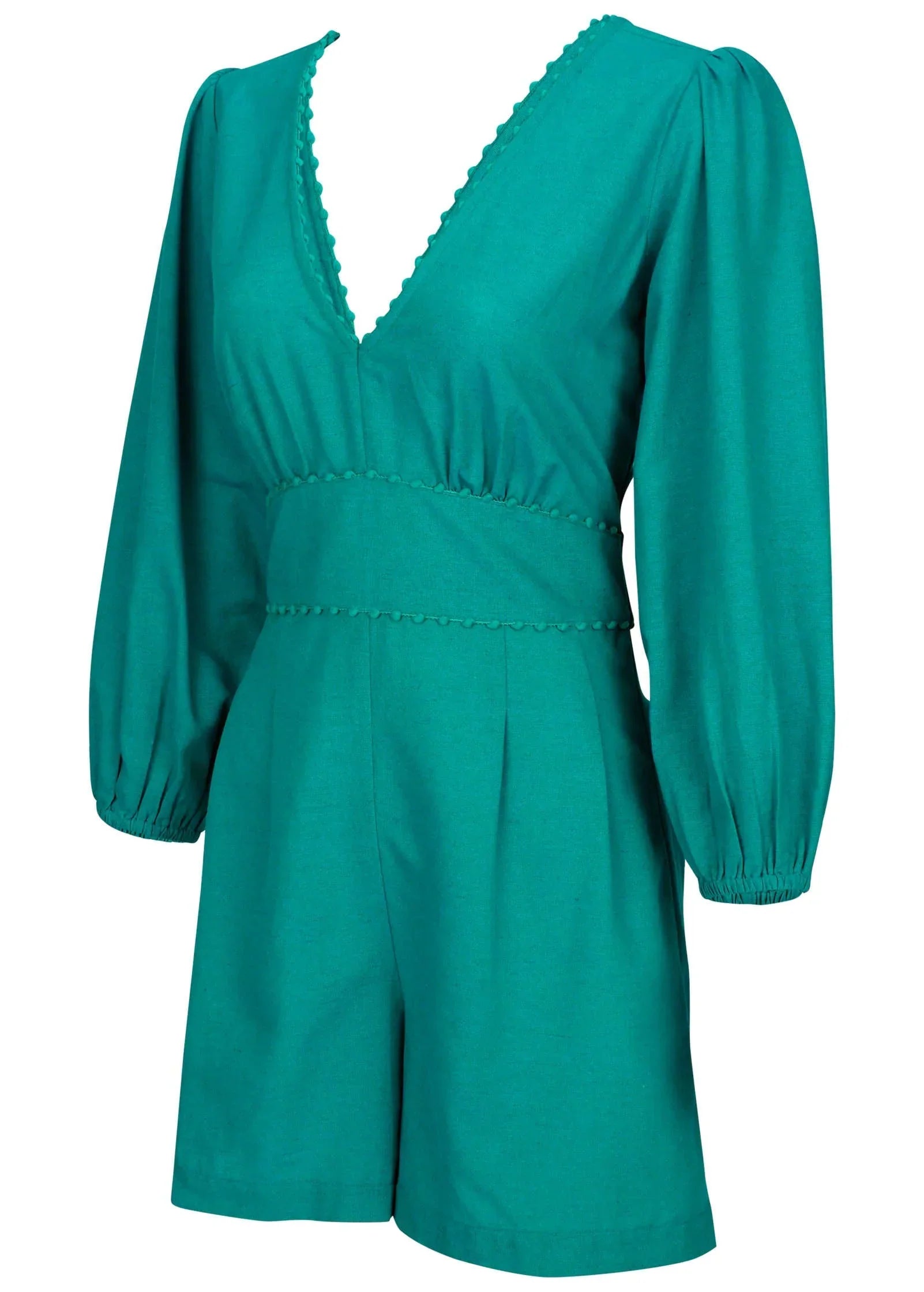 Linen Balloon Sleeve Romper Tropical Green