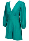 Linen Balloon Sleeve Romper Tropical Green