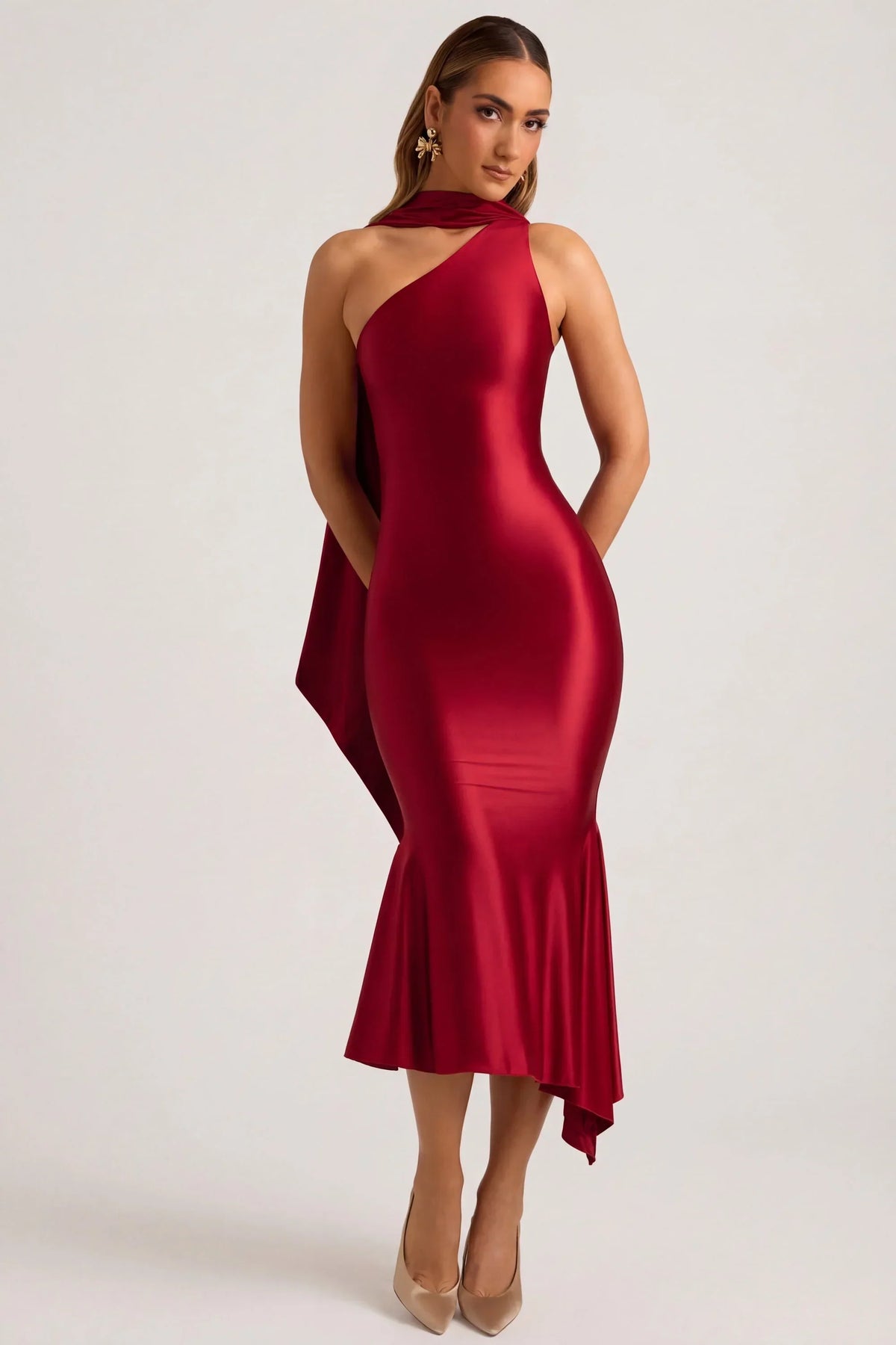 Asymmetric Scarf Detail Midaxi Dress in True Red