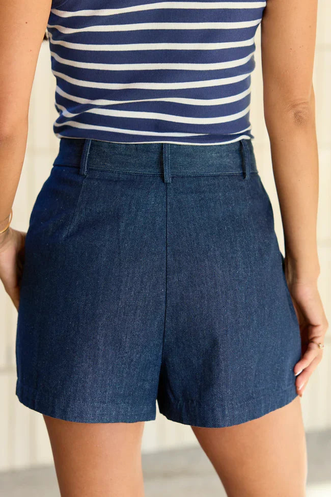 Wherever You Are Dark Wash Belted Denim Shorts