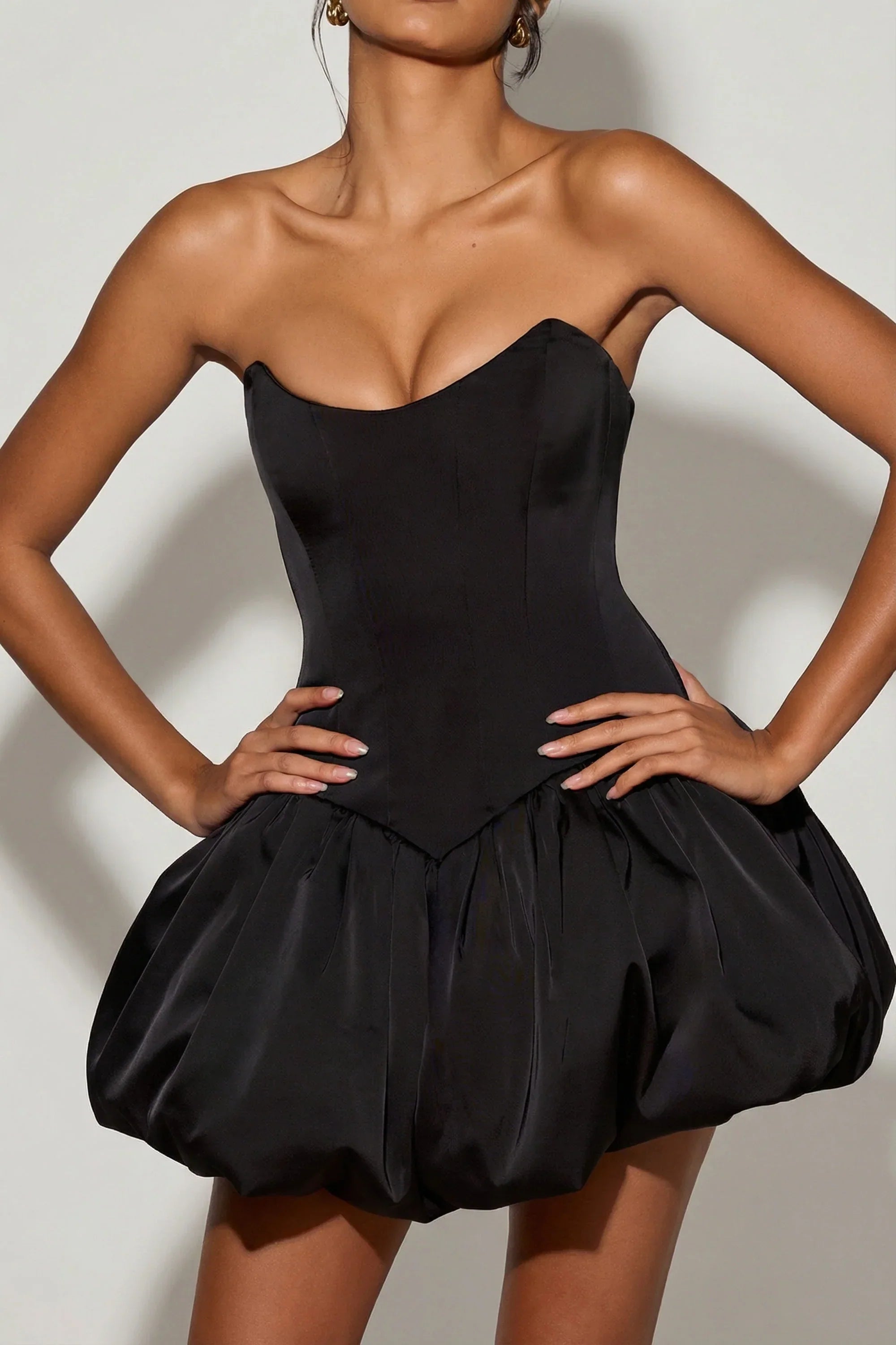 Lace Up Bubble Hem Corset Micro Mini Dress in Black