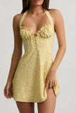 Halterneck A Line Mini Dress in Yellow Flower Print