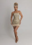 Sweeter Nights Embellished Feather Mini Dress Gold